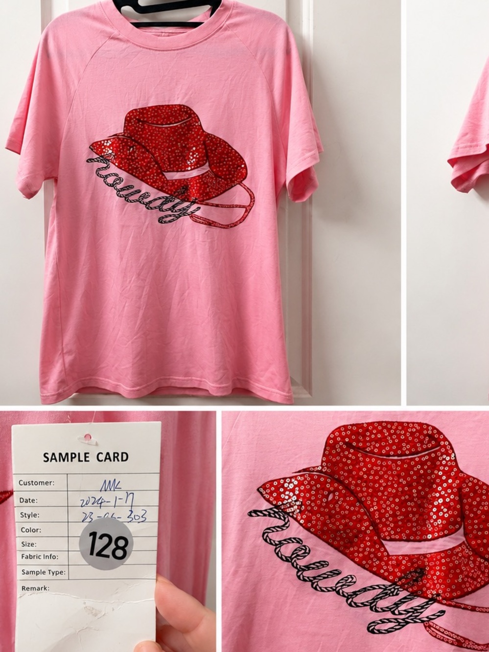 Pink Sequin Cowboy Hat Graphic Tee Western Cowgirl Apparel Sample